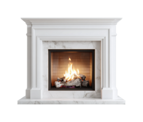 Elegant white marble fireplace with glowing fire and classic architectural design isolated on transparent background, png