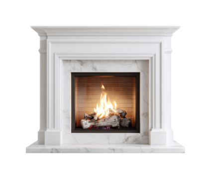 Elegant white marble fireplace with glowing fire and classic architectural design isolated on transparent background, png