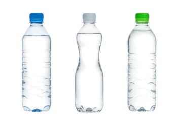 Three plastic water bottles displaying abstract patterns Isolated on transparent background with color accents