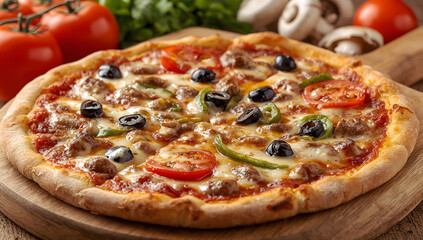 Pizza with salami and tomatoes