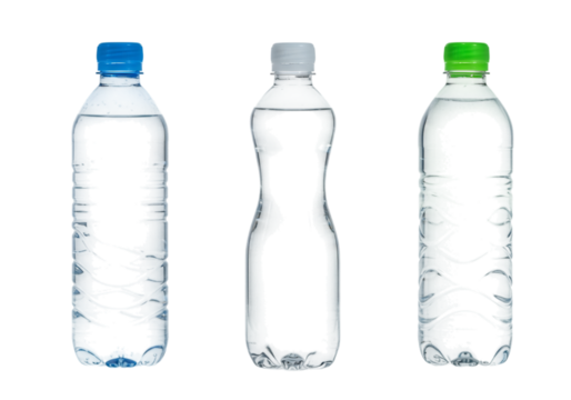 Three plastic water bottles displaying abstract patterns Isolated on transparent background with color accents