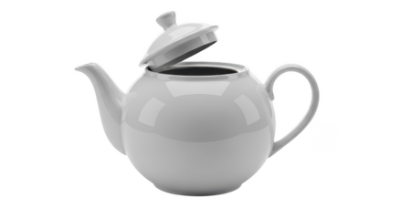 White ceramic teapot with open lid isolated on transparent background