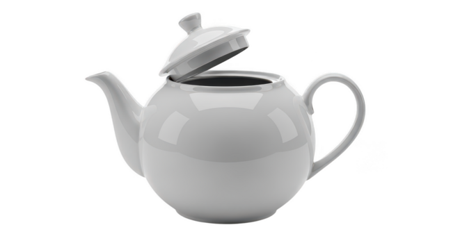 White ceramic teapot with open lid isolated on transparent background