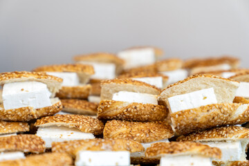 coffee break hotel during conference meeting, corporate revent with tea and coffee catering, decorated catering banquet table with variety of different pastry and bakery, with croissants and cookies