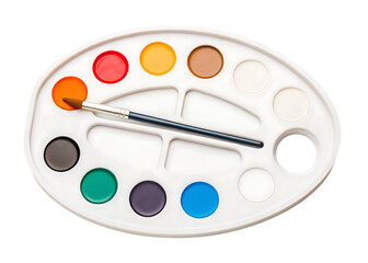 Watercolor palette with brush isolated on a transparent background