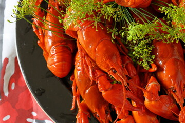Signal crayfish party. Feast at dinner with crawfish party. Above angle photo. Sweden, 2025. 
