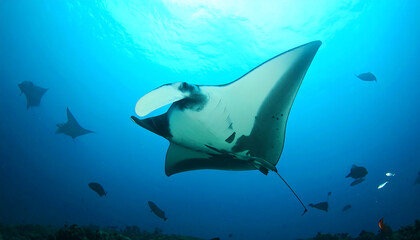Majestic Manta Ray Gracefully Swims in Vibrant Ocean, Underwater Wildlife Scene, Serene Blue Water, Tropical Reef Ecosystem,  Peaceful Aquatic Life.