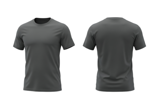 Detailed 3d render of a front and back view of a plain gray t-shirt design Isolated on transparent background