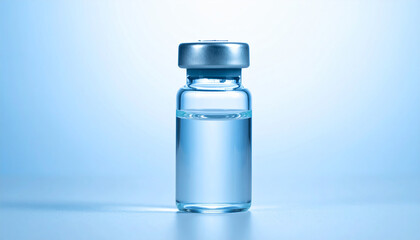 Clear glass vial with colorless saline solution. Laboratory medicine.