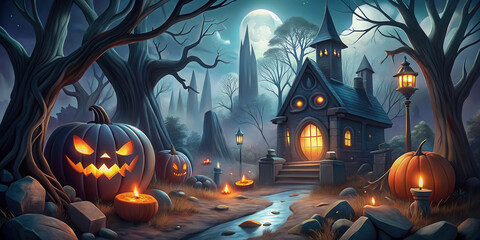 Spooky Halloween scene featuring haunted house surrounded by eerie trees, glowing pumpkins, and full moon illuminating night sky. atmosphere evokes sense of mystery and excitement