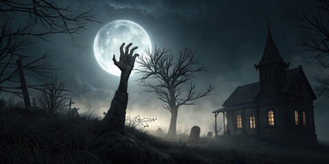 Spooky graveyard scene features raised zombie hand reaching out from ground under full moon. dark, eerie church stands nearby, surrounded by barren trees and fog, creating haunting atmosphere