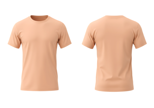 Front and back view of a blank peach colored crew neck t-shirt mockup Isolated on transparent background