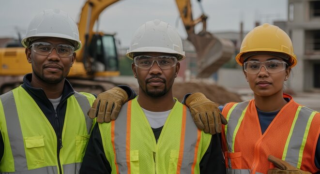 Construction team posing in front of heavy equipment on a building construction site