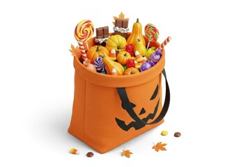 An orange Halloween treat bag full of candies gourds  lollipops