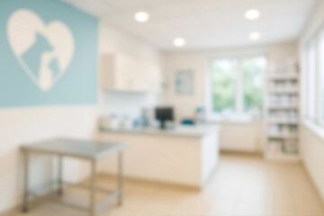 Modern veterinary clinic interior with exam table and equipment, clean bright animal hospital, pet healthcare concept, blurred background for copy space, professional vet office design