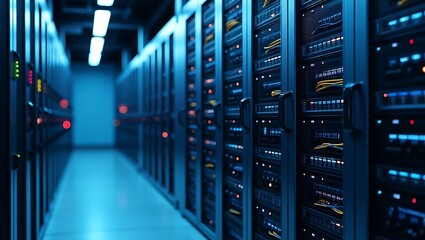 Rows of glowing blue server racks in a dark data center hallway
