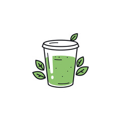 Green smoothie in takeaway cup with fresh leaves on white background. Vector illustration