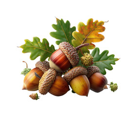 Gathering of acorns and leaves nature scene still life autumn natural beauty isolated on transparent background, png