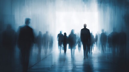 A blurred image of a group of people walking in a hallway, with a blue tint and a white light at the end of the hallway.
