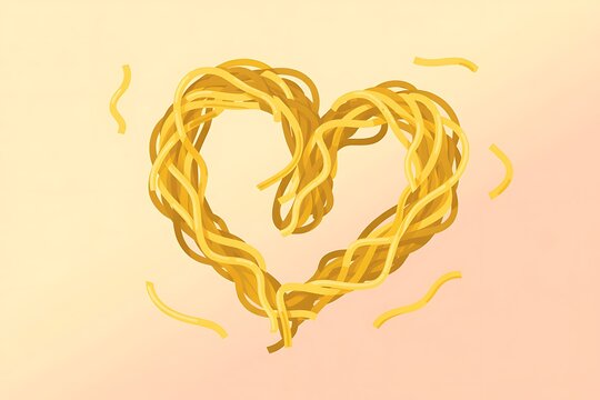 Golden spaghetti noodles arranged in a heart shape, perfect for Valentine's Day, romantic themes, and food-related designs - Powered by Adobe