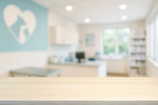 Empty wooden table blurred Veterinary Clinic interior with Exam Table. Animal Hospital, Pet Care Facility, Professional Vet Office Background for Medical, Pet Health, display, montage your product