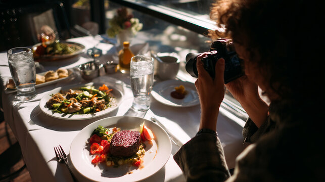 A blogger photographing food at a restaurant table for an article