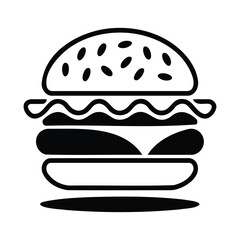 Black-and-white icon of hamburger with sesame bun, lettuce, cheese, and double patties – minimalist fast food illustration in solid style