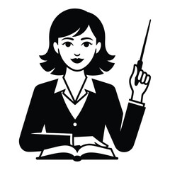 Female Teacher or Professor Illustration with Pointer and Open Book in Elegant Black and White Style Image