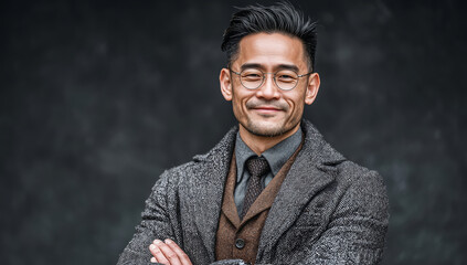 Portrait of asian man in glasses wearing coat and suit smiling confidently