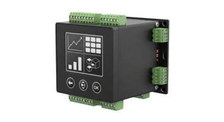 Industrial control module with digital display and screw terminals isolated on transparent background