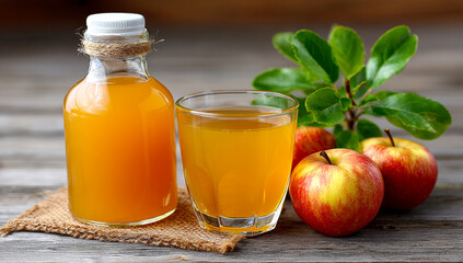 Apples and juice on a wood table. Bright apple juice in a glass alongside a bottle and ripe apples on a rustic wooden table surrounded by green leaves.