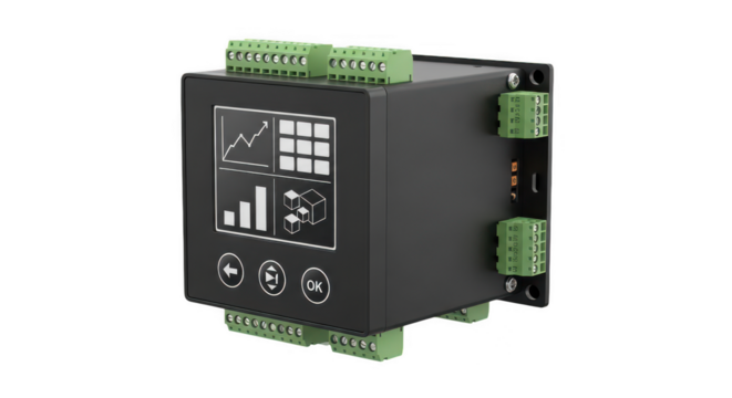 Industrial control module with digital display and screw terminals isolated on transparent background