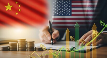 Economic analysis with china and usa flags coins and rising graphs showing financial growth and success