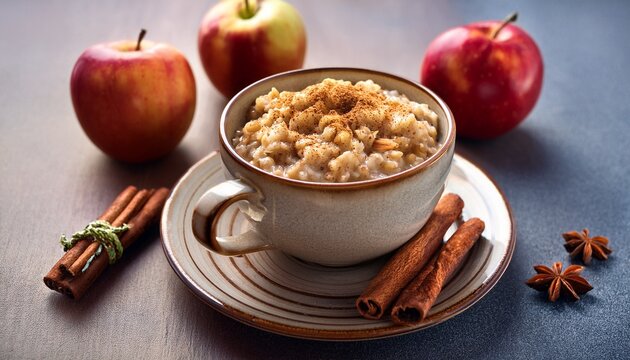 apple cinnamon oatmeal in a mug on a saucer with cinnamon sticks and apples around it