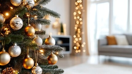 Close-up of a Christmas Tree with Gold and Silver Ornaments