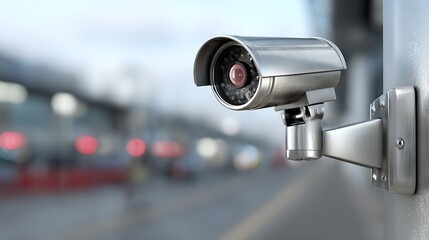 A surveillance camera mounted on a wall, capturing a blurred cityscape in the background.