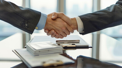 Close-up business handshake over contract on glossy table with clipboard and pen, modern office backdrop; partnership and agreement.
