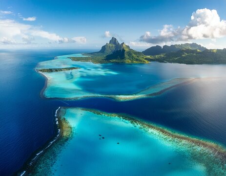 symmetrical aerial view of bora bora lagoon with raiatea and tahaa islands in background