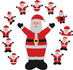 A collection of cartoon Santa Claus characters in various poses and sizes, a fun and festive vector illustration set perfect for holiday projects, Christmas cards, and seasonal designs.