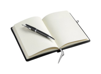 Writing session with a notebook and pen on a clean desk surface, isolated on transparent background, png