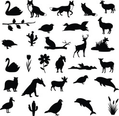 Vector illustration of an assorted collection of various animal and plant silhouettes, including birds, deer, foxes, dolphins, and swans, for a wide range of nature and wildlife-themed design project.