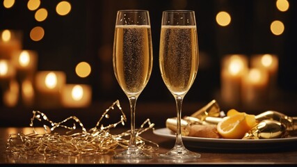 two glasses of champagne with christmas decoration