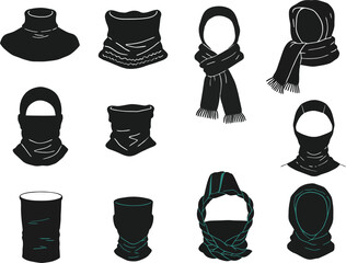 Diverse Black Neck Gaiter and Scarf Collection, a Vector Illustration Set of Various Styles including Hooded and Face Covering Options for Cold Weather and Outdoor Activities.