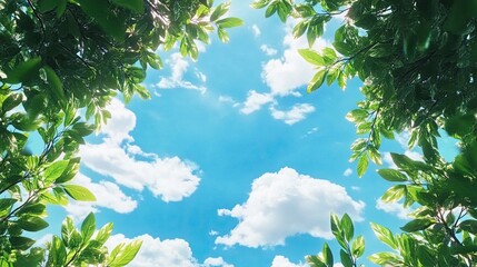 Lush Green Leaves Frame a Bright Blue Sky with Fluffy White Clouds