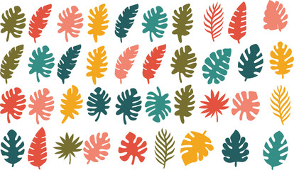 Botanical doodle illustration. Chalk textured tropical jungle doodle shapes. Foliage tropical jungle leaves monstera, texture silhouette elements. Hand drawn grunge texture.