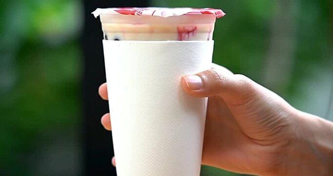 Hand holding a refreshing boba tea drink with tapioca pearls and fruit pieces
