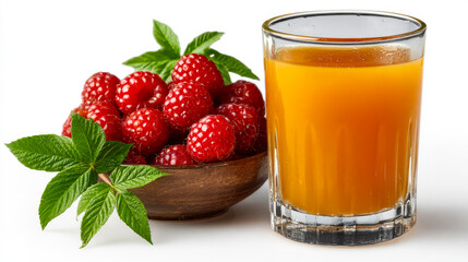 Fresh raspberry juice with fruit bowl. A glass of vibrant orange juice sits beside a bowl of ripe red raspberries and green mint leaves.