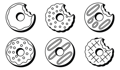 Set of six bitten donut icons with varied icing patterns including polka dots, crisscross, and ovals – stylized dessert illustrations for design