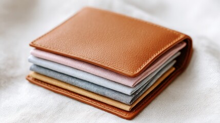 Fototapeta premium Leather wallet with five colored card slots on soft fabric background 