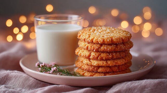 Cookies and milk served on a plate with bokeh lights background - Powered by Adobe